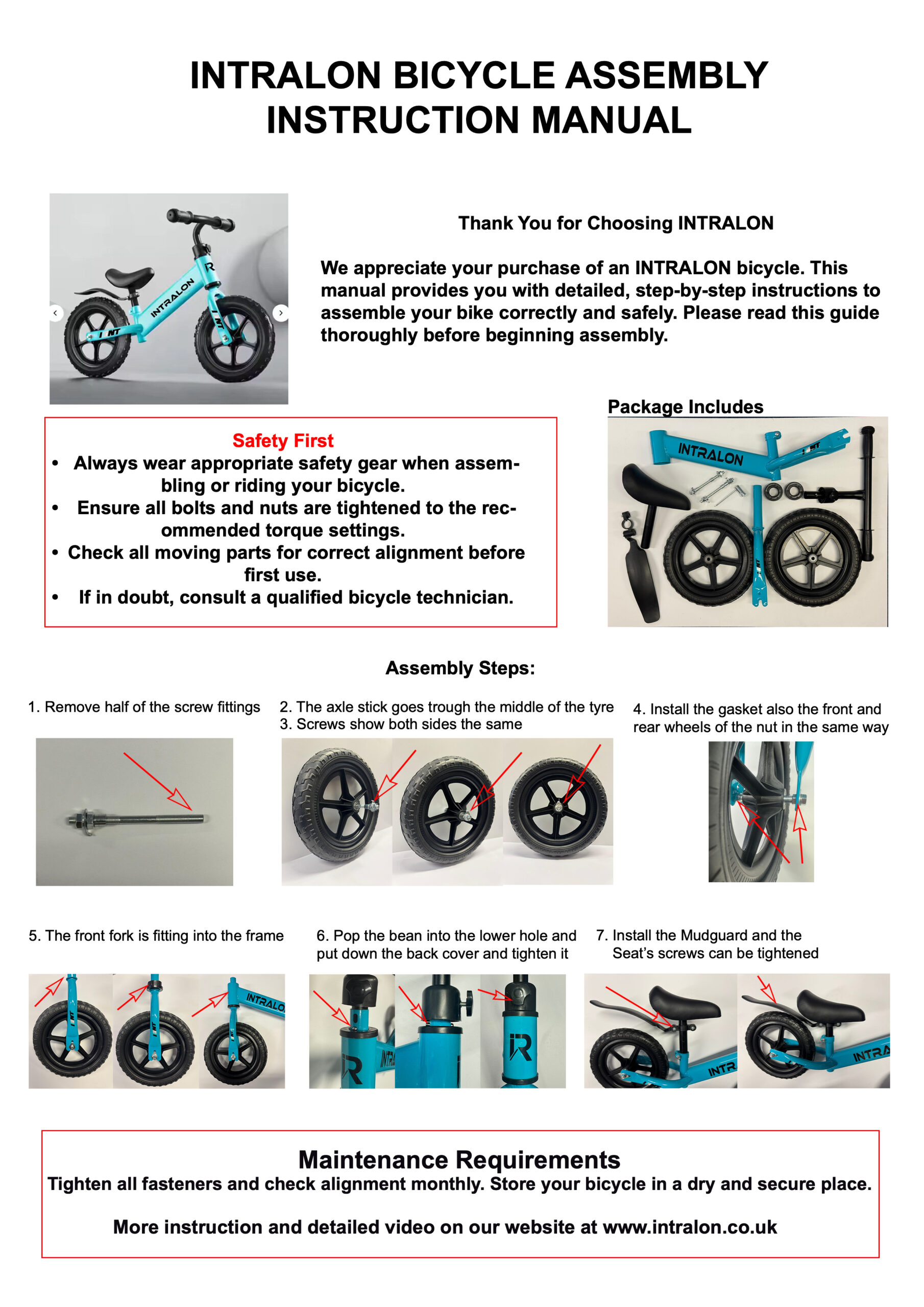 INTRALON First Explorer 12" Balance Bike 2 3 4 5 Years Old Boys Girls 13 INTRALON Intralon Balance Bike Manual Guide 12 First Explorer 2025 Page 01